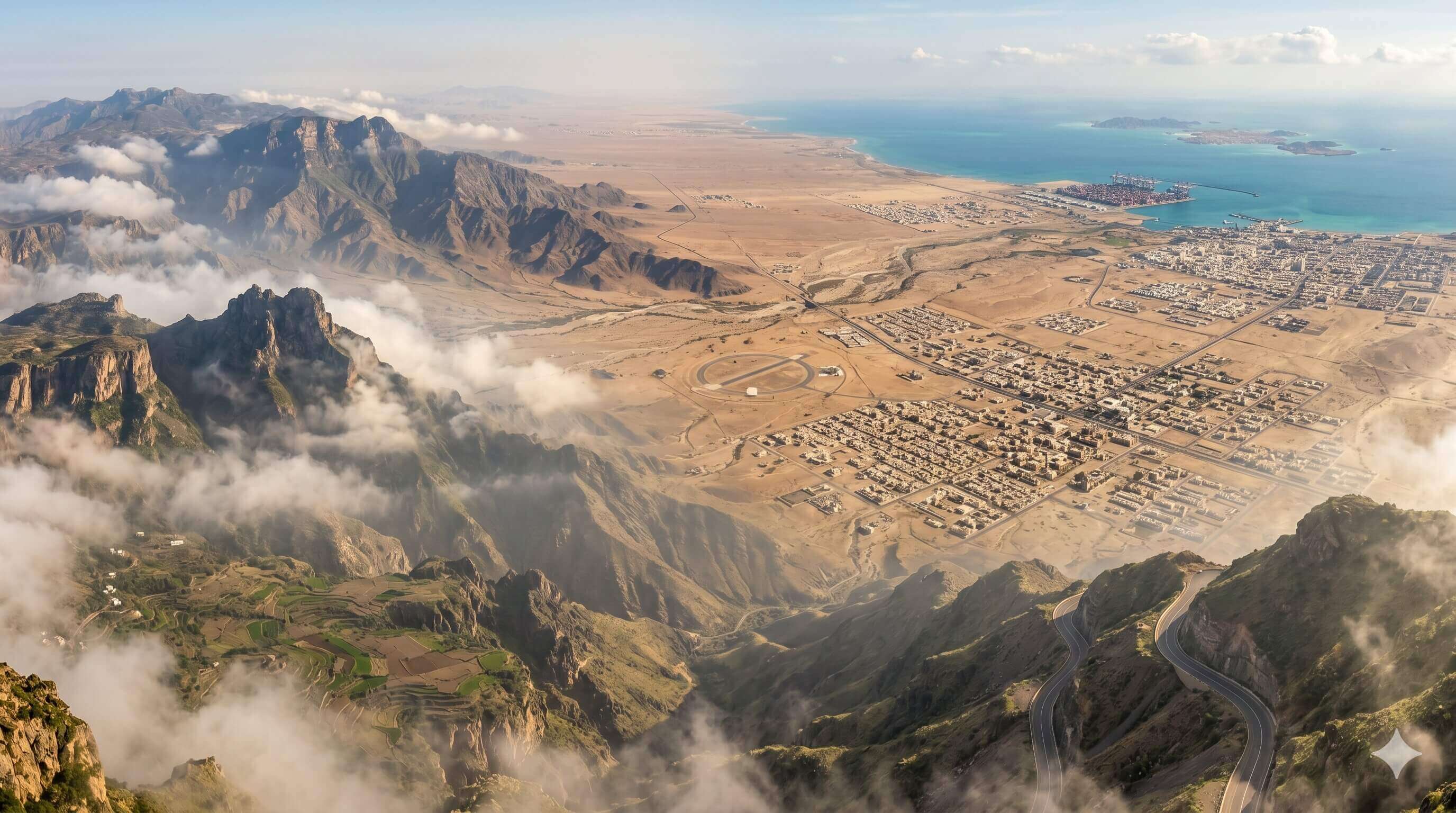 منظر جوي لمدينة عسير وجازان الساحلية يوضح التنوع المناخي