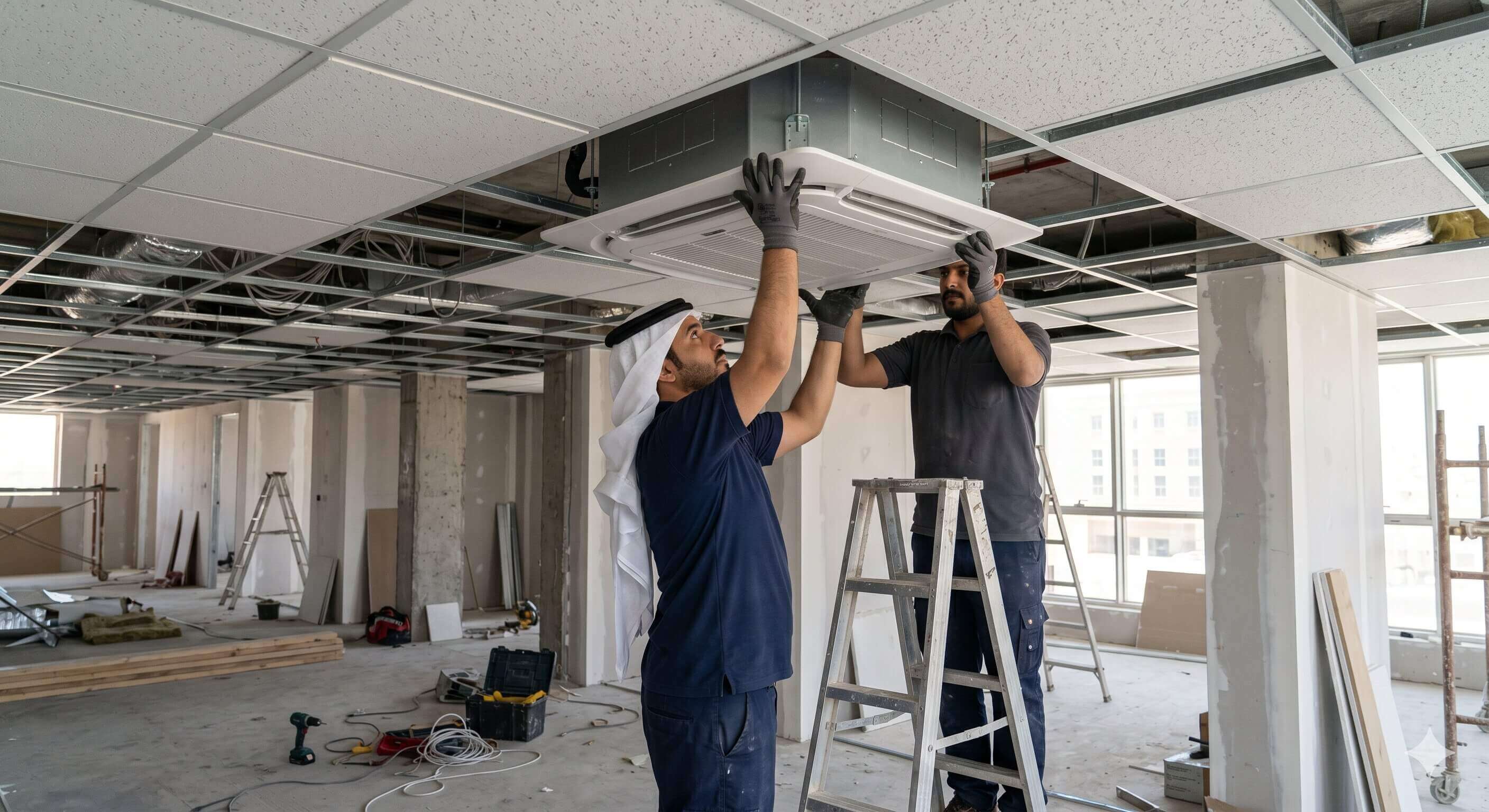فنيان يركبان مكيف كاسيت في سقف مبنى تجاري