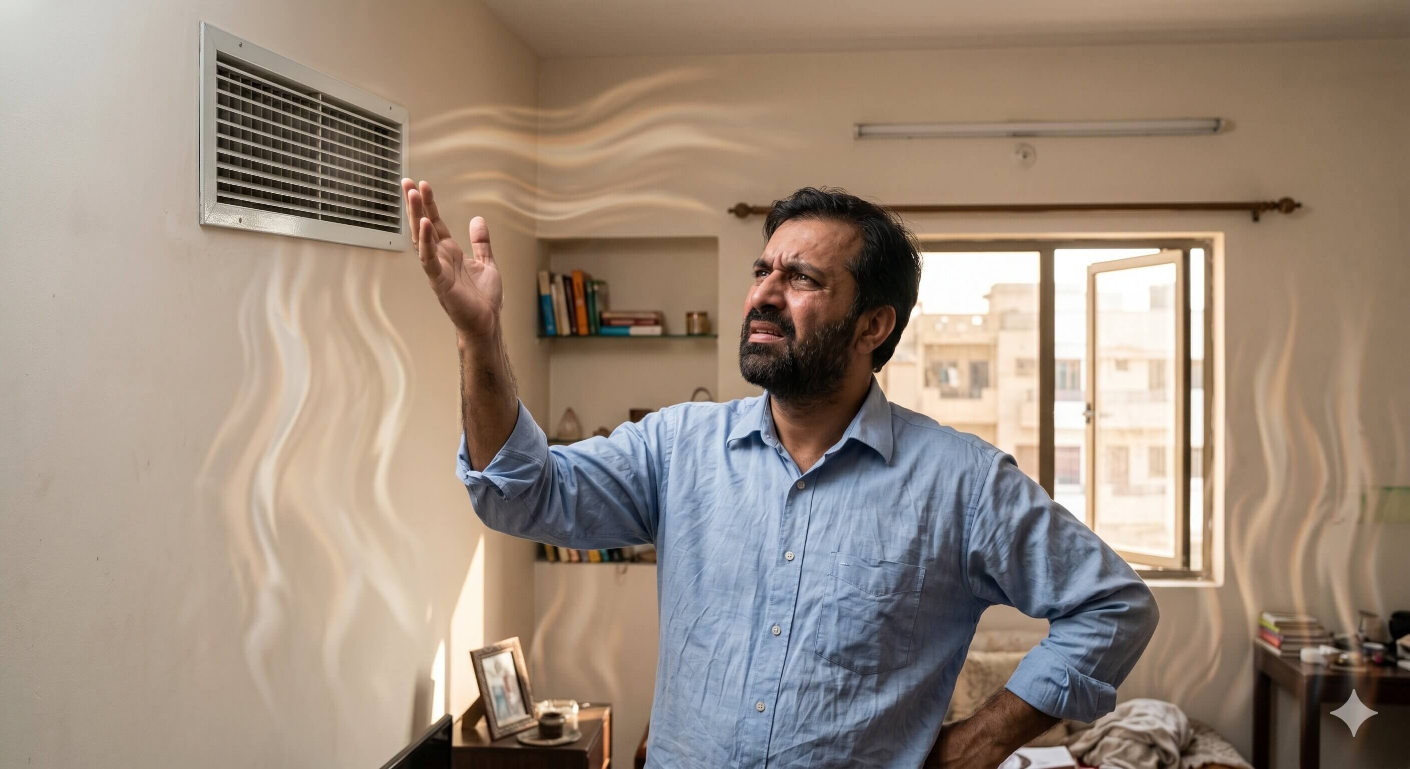صاحب المنزل يتحقق من مكيف لا يبرد في الصيف