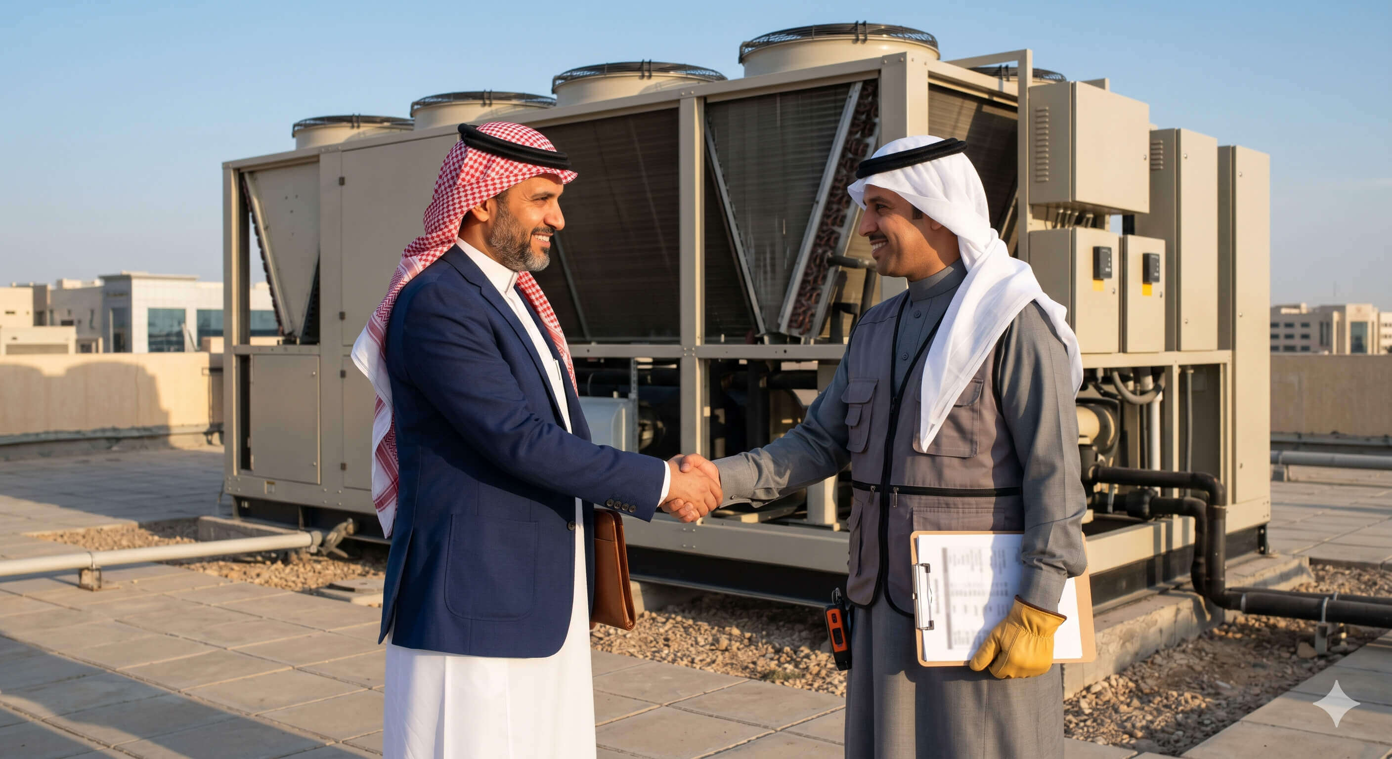 إتمام عقد صيانة HVAC التجاري بمصافحة على سطح المبنى