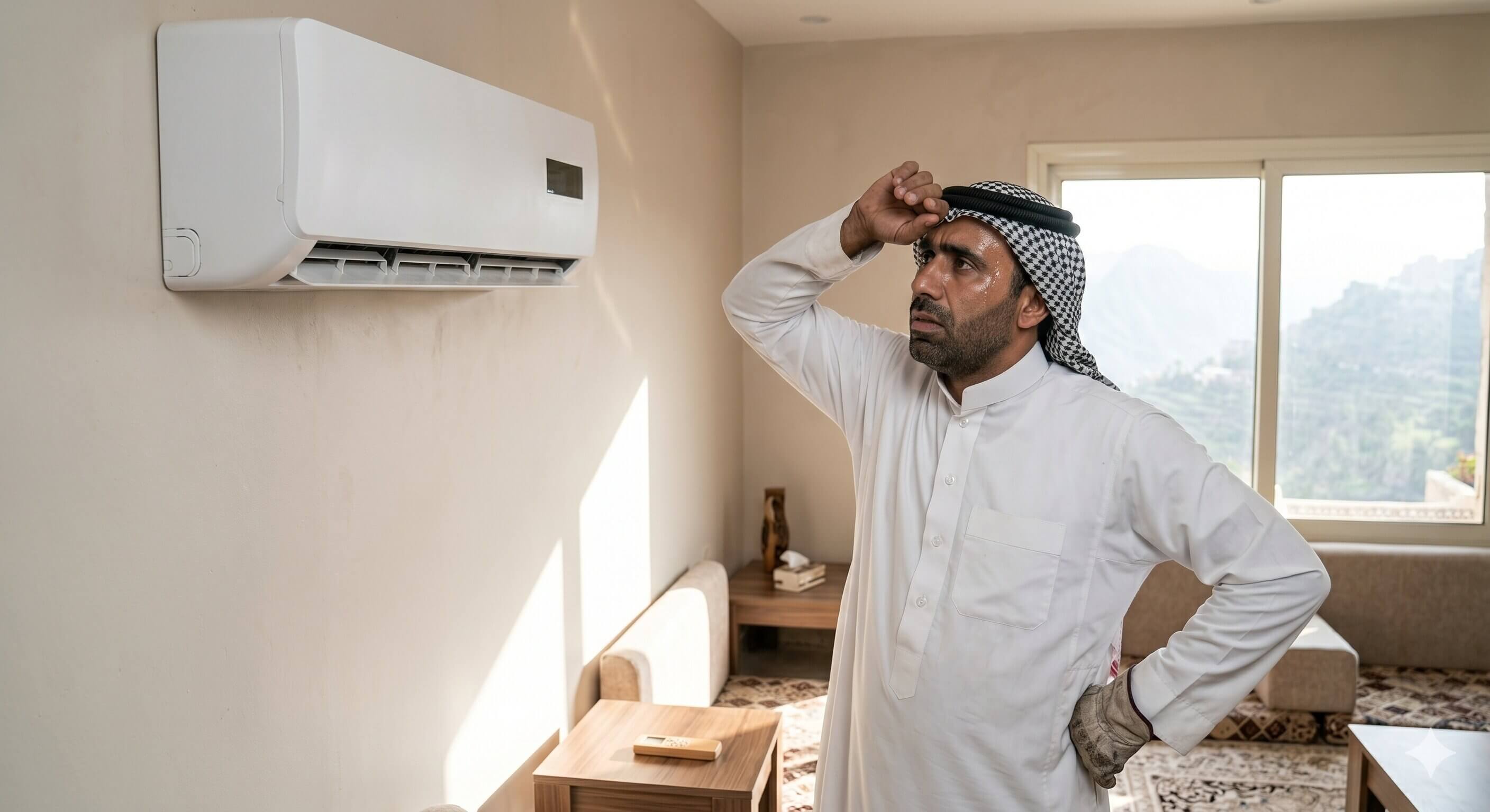 رجل سعودي يلاحظ أن مكيف أبها لا يبرد بسبب الارتفاع والمناخ الجبلي