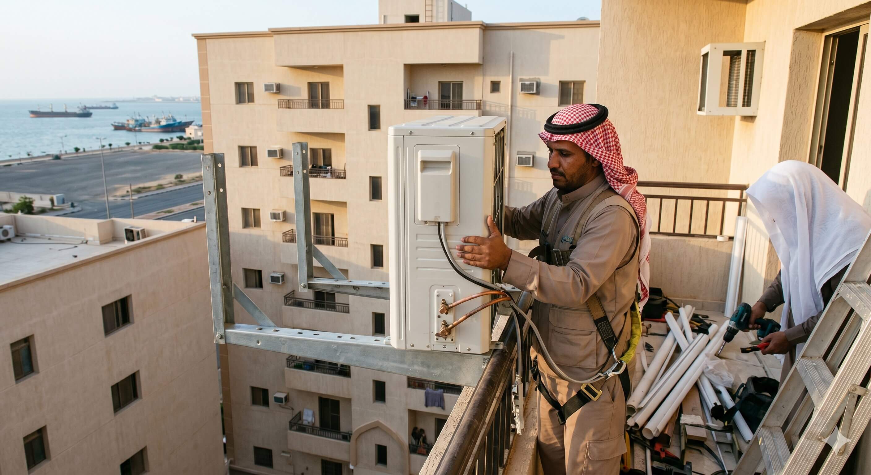 فني يركب وحدة مكيف سبليت على شرفة بإطلالة على البحر في جازان